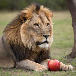 A lion in a peaceful savannah setting, curiously biting into a crisp red apple, emphasizing the unexpected and playful contrast.