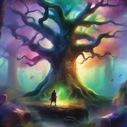 A captivating fantasy book cover featuring a mystical forest with towering ancient trees, a glowing magical portal, and a brave hero wielding a sword