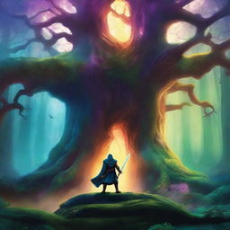 A captivating fantasy book cover featuring a mystical forest with towering ancient trees, a glowing magical portal, and a brave hero wielding a sword