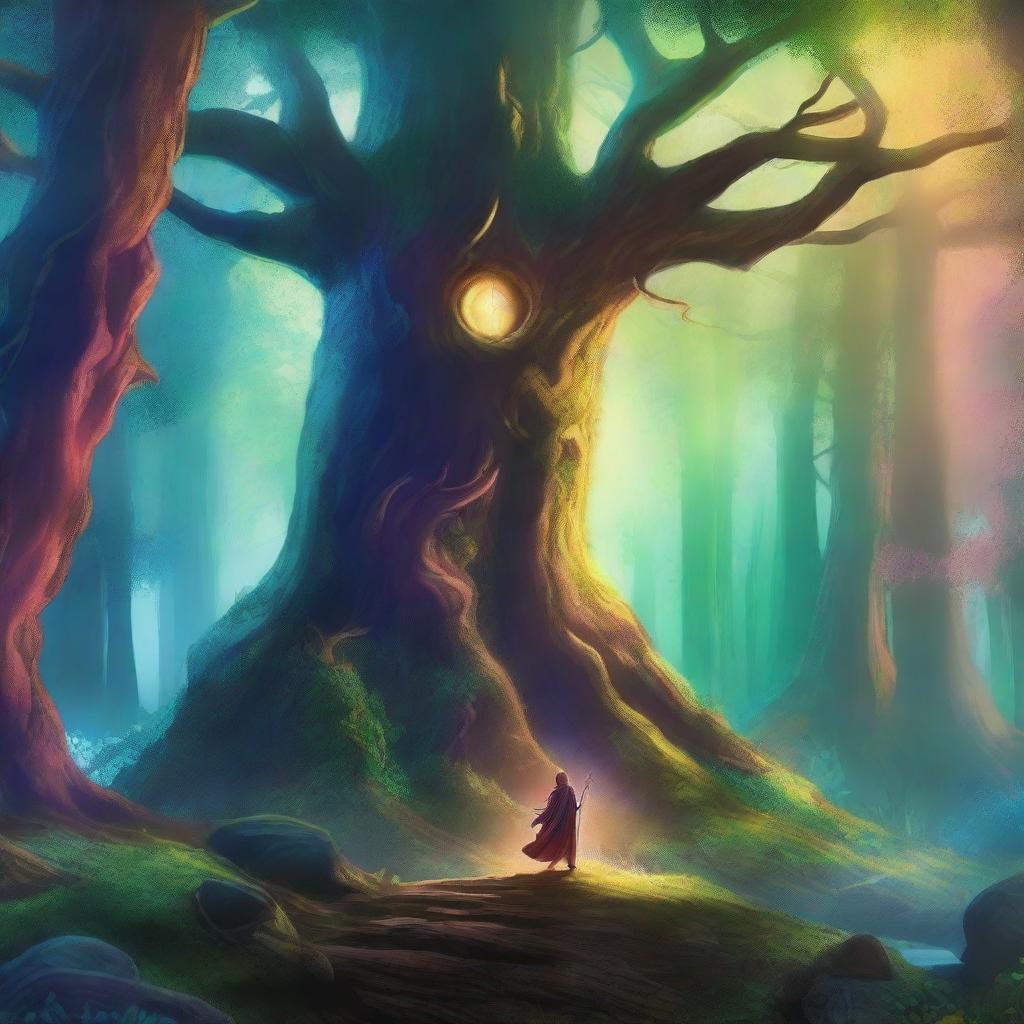 A captivating fantasy book cover featuring a mystical forest with towering ancient trees, a glowing magical portal, and a brave hero wielding a sword