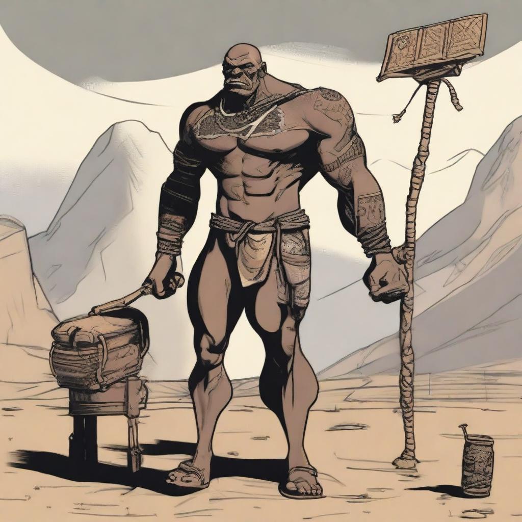 A Goliath slave carrying a chair and a foldable table on his back, along with various adventure supplies