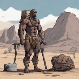 A Goliath slave carrying a chair and a foldable table on his back, along with various adventure supplies