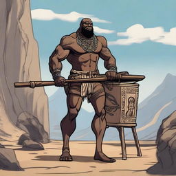 A Goliath slave carrying a chair and a foldable table on his back, along with various adventure supplies