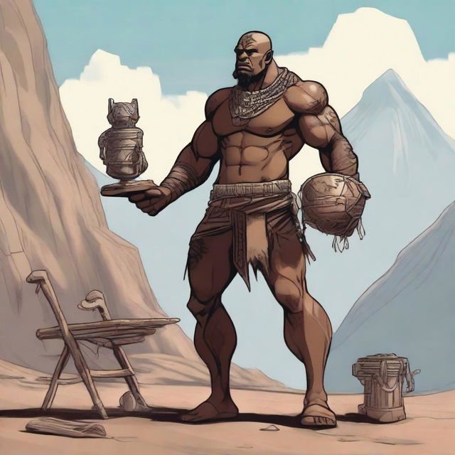 A Goliath slave carrying a chair and a foldable table on his back, along with various adventure supplies