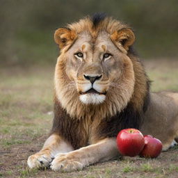 A lion in a peaceful savannah setting, curiously biting into a crisp red apple, emphasizing the unexpected and playful contrast.