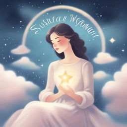 A serene image of a woman sitting in the clouds, holding a glowing star in her hands