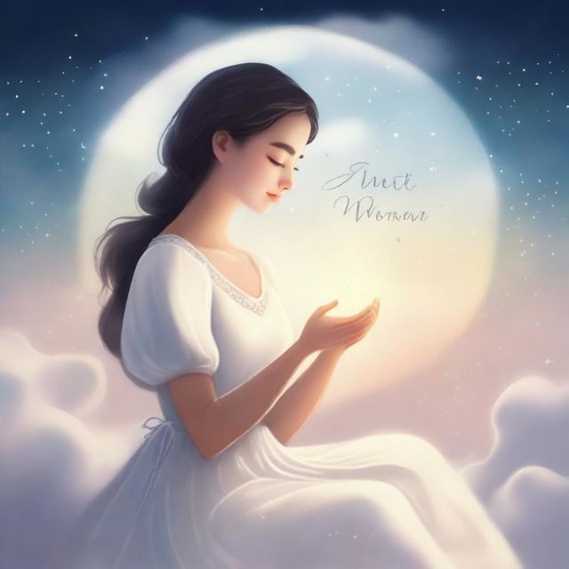 A serene image of a woman sitting in the clouds, holding a glowing star in her hands