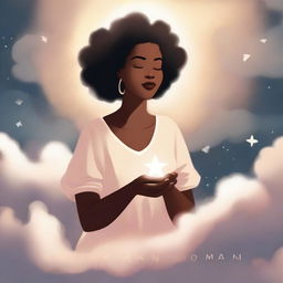 A serene image of a black woman sitting in the clouds, holding a glowing star in her hands