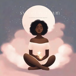 A serene image of a black woman sitting in the clouds, holding a glowing star in her hands