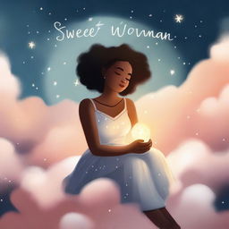 A serene image of a black woman sitting in the clouds, holding a glowing star in her hands