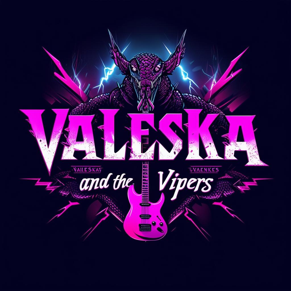 Create an epic rock band logo for 'Valeska and the Vipers' with bold, edgy typography, and elements like electric guitars, snakes, and lightning bolts