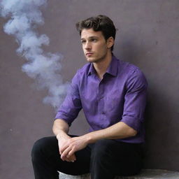 A young man in his mid-twenties, clad in a cool purple shirt and black pants, sits pensively against a wall, a curl of smoke wafting from his hand.