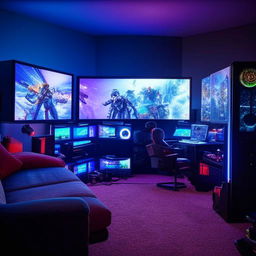 A cozy bedroom featuring a comfortable sofa in front of a state-of-the-art gaming setup with multiple monitors, ambient LED lights, high-end gaming equipment, and gaming memorabilia surrounding the area.