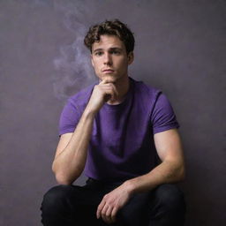 A young man in his mid-twenties, clad in a cool purple shirt and black pants, sits pensively against a wall, a curl of smoke wafting from his hand.