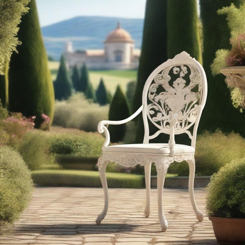 A beautiful outdoor chair in a European style, placed in a serene garden