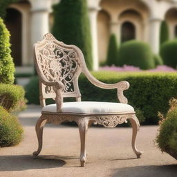 A beautiful outdoor chair in a European style, placed in a serene garden