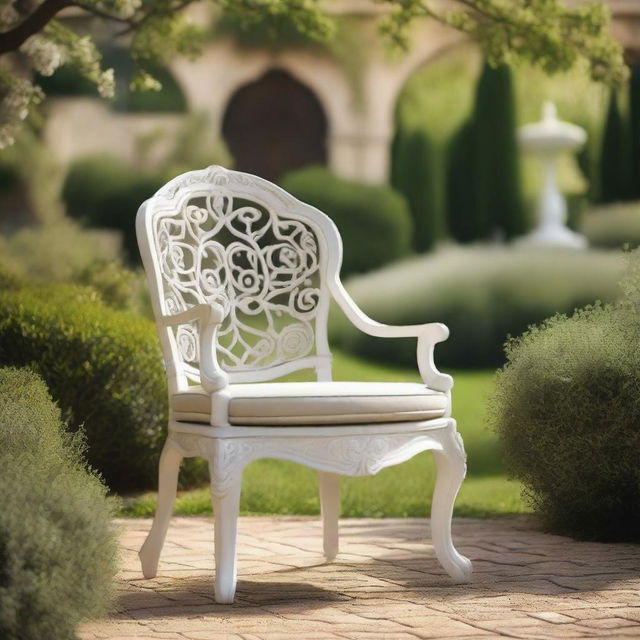 A beautiful outdoor chair in a European style, placed in a serene garden