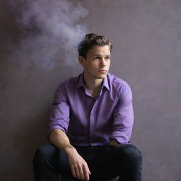 A young man in his mid-twenties, clad in a cool purple shirt and black pants, sits pensively against a wall, a curl of smoke wafting from his hand.