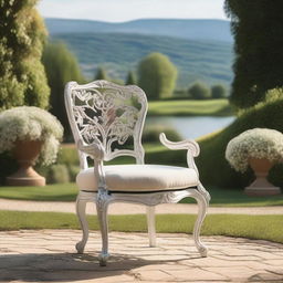 A beautiful outdoor chair in a European style, placed in a serene garden