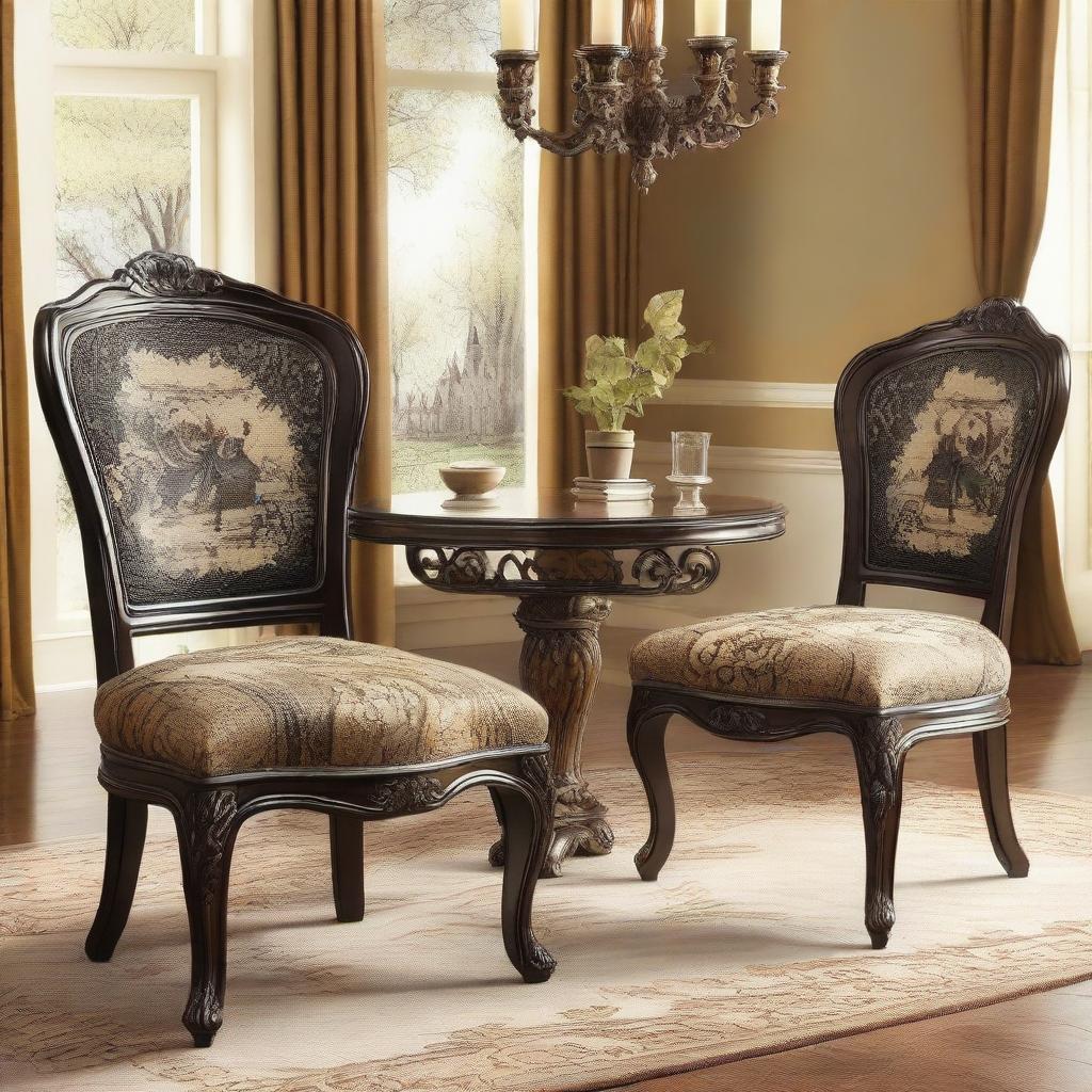 Create a piece of art featuring beautifully designed chairs with a European style and artful sensibility