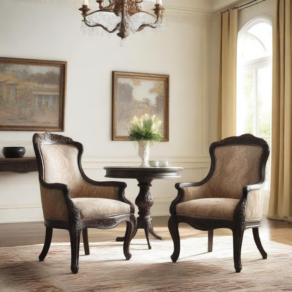 Create a piece of art featuring beautifully designed chairs with a European style and artful sensibility