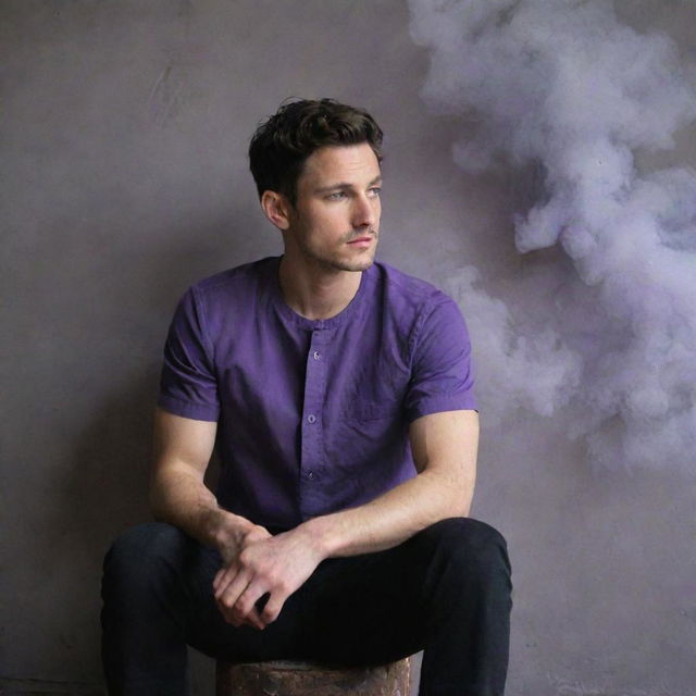 A young man in his mid-twenties, clad in a cool purple shirt and black pants, sits pensively against a wall, a curl of smoke wafting from his hand.