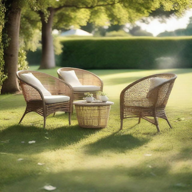 A serene outdoor setting featuring comfortable and stylish chairs arranged around a small table, perfect for relaxation