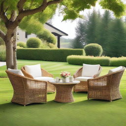 A serene outdoor setting featuring comfortable and stylish chairs arranged around a small table, perfect for relaxation