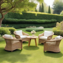 A serene outdoor setting featuring comfortable and stylish chairs arranged around a small table, perfect for relaxation