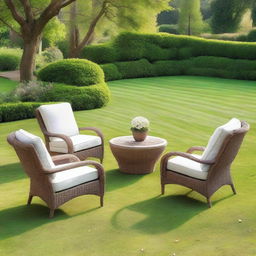 A serene outdoor setting featuring comfortable and stylish chairs arranged around a small table, perfect for relaxation