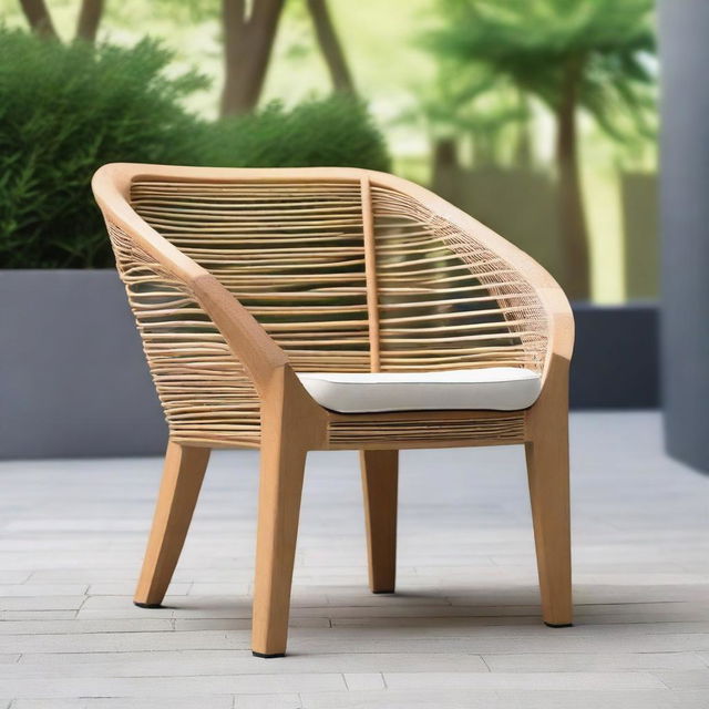 Create an artistic and versatile outdoor chair design that incorporates natural elements like wood, bamboo, or stone