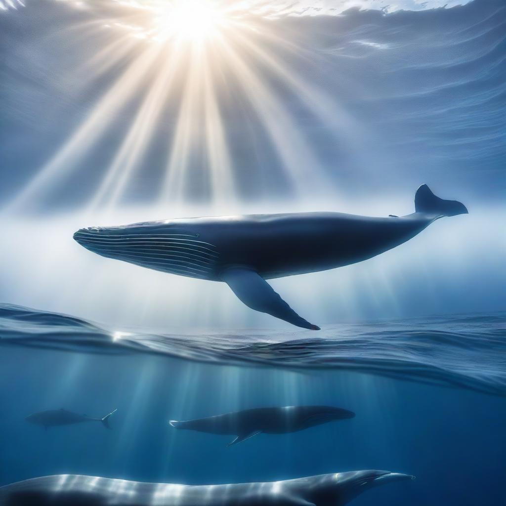 A majestic blue whale swimming gracefully in the deep ocean, surrounded by schools of fish and rays of sunlight penetrating the water