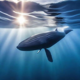 A majestic blue whale swimming gracefully in the deep ocean, surrounded by schools of fish and rays of sunlight penetrating the water