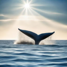 A majestic blue whale swimming gracefully in the deep ocean, surrounded by schools of fish and rays of sunlight penetrating the water