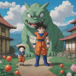 A scene from Dragon Ball recreated in the unique, whimsical style of Studio Ghibli.