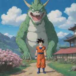 A scene from Dragon Ball recreated in the unique, whimsical style of Studio Ghibli.