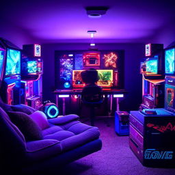 A cozy bedroom featuring a comfortable sofa in front of a state-of-the-art gaming setup with multiple monitors, ambient LED lights, high-end gaming equipment, and gaming memorabilia surrounding the area.