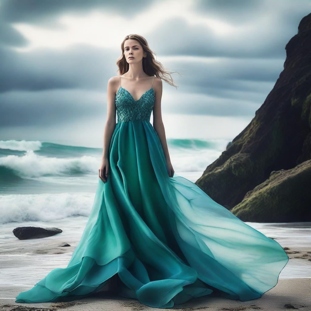 A stunning cover photo for a dress designer's portfolio, featuring the concept of the ocean