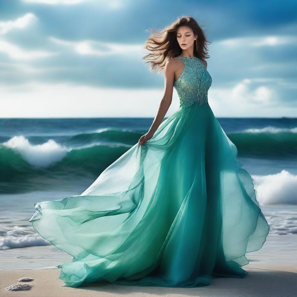 A stunning cover photo for a dress designer's portfolio, featuring the concept of the ocean