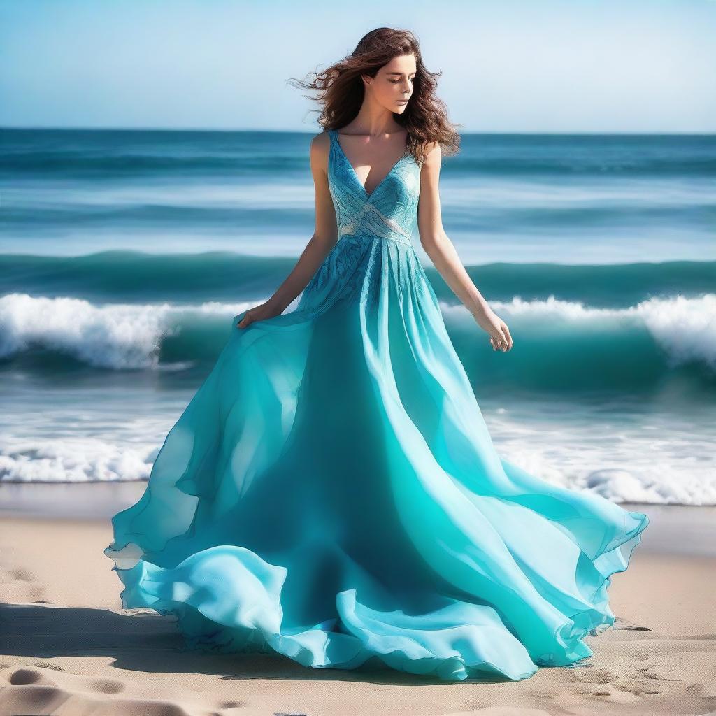 A stunning cover photo for a dress designer's portfolio, featuring an elegant dress inspired by the ocean