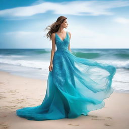 A stunning cover photo for a dress designer's portfolio, featuring an elegant dress inspired by the ocean