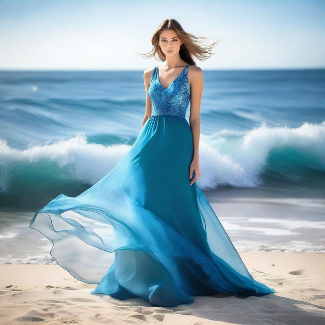 A stunning cover photo for a dress designer's portfolio, featuring an elegant dress inspired by the ocean