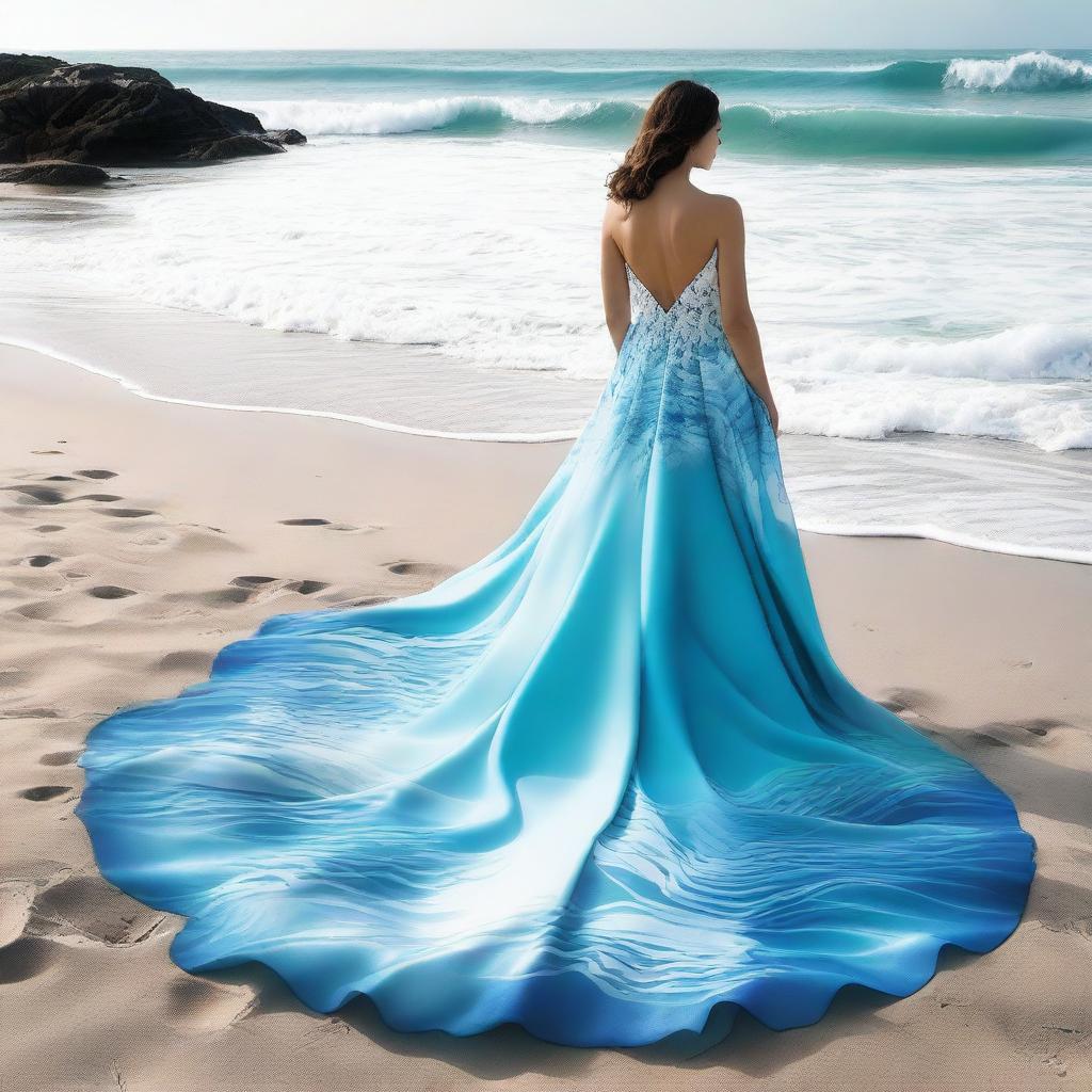 A captivating cover photo for a dress designer's portfolio, featuring a stunning dress inspired by the ocean