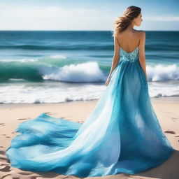 A captivating cover photo for a dress designer's portfolio, featuring a stunning dress inspired by the ocean