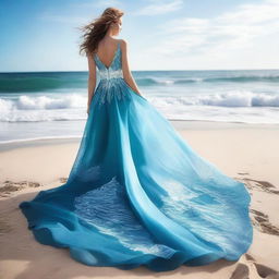 A captivating cover photo for a dress designer's portfolio, featuring a stunning dress inspired by the ocean