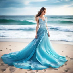 A captivating cover photo for a dress designer's portfolio, featuring a stunning dress inspired by the ocean