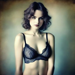 A realistic depiction of a young woman in lingerie, captured in a grainy photo style