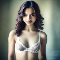 A realistic depiction of a young woman in lingerie, captured in a grainy photo style