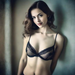 A realistic depiction of a young woman in lingerie, captured in a grainy photo style