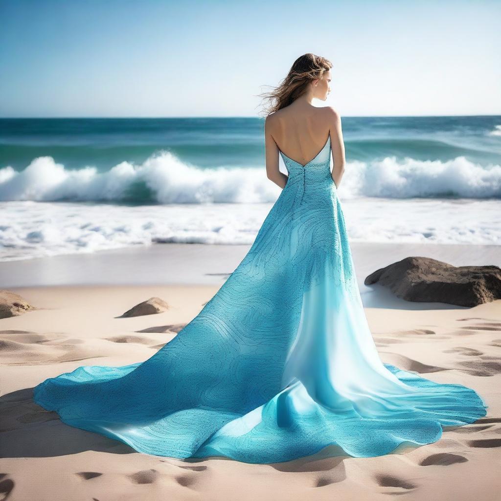 A visually striking cover photo for a dress designer's portfolio, showcasing an elegant dress inspired by the ocean